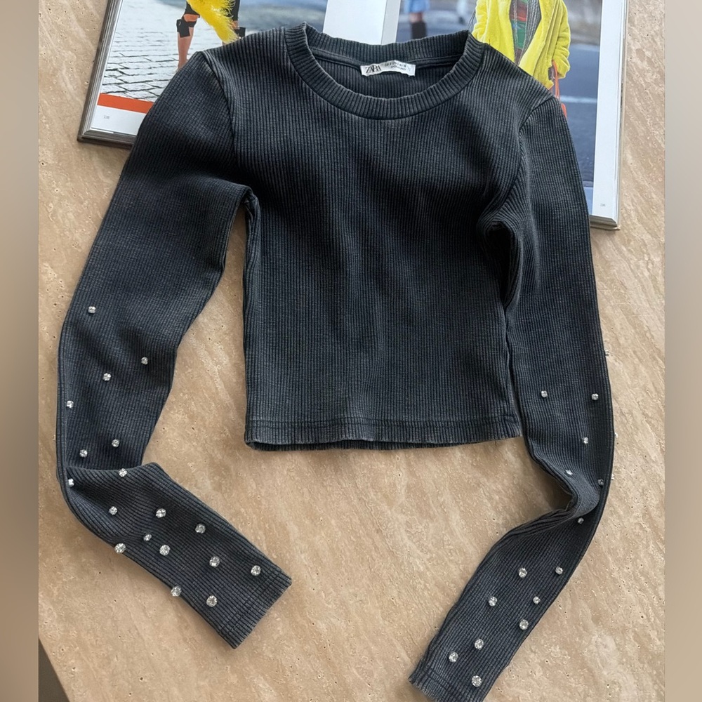 Zara Dark Gray Long Sleeve Embellished Top